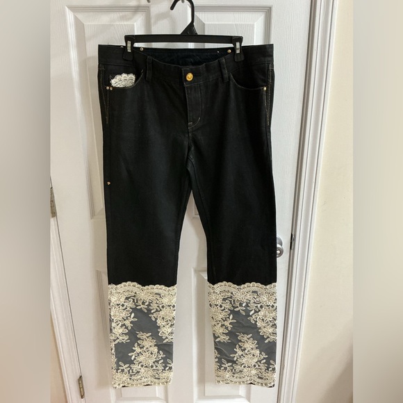 peruzzi Denim - Elegant Black Lace Trim Straight Leg Jeans Handmade